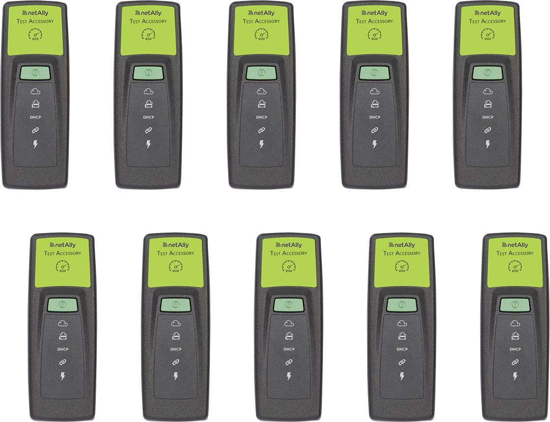 Zehn identische schwarze Fernbedienungen mit grünen Etiketten sind in zwei Reihen angeordnet. Jede Fernbedienung hat fünf Tasten und ein LCD-Display.