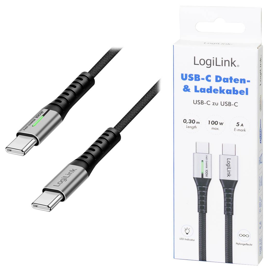 LogiLink USB-C® Kabel USB 2.0 USB-C® Stecker 0.30m Schwarz mit LED, beidseitig verwendbarer Stecker CU0420