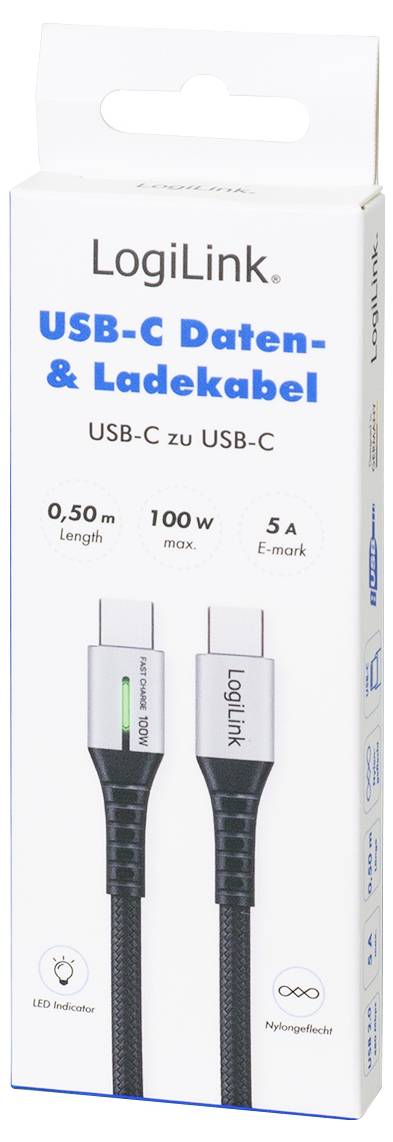 LogiLink USB-C® Kabel USB 2.0 USB-C® Stecker 0.50 m Schwarz mit LED, beidseitig verwendbarer Stecker CU0421