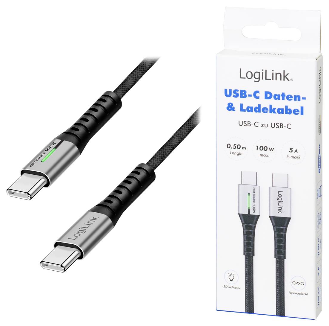 LogiLink USB-C® Kabel USB 2.0 USB-C® Stecker 0.50m Schwarz mit LED, beidseitig verwendbarer Stecker CU0421