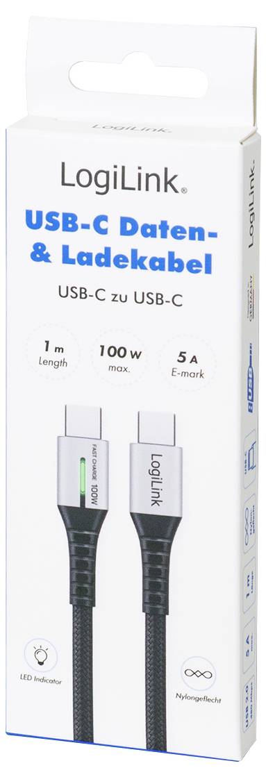 LogiLink USB-C® Kabel USB 2.0 USB-C® Stecker 1.00m Schwarz mit LED, beidseitig verwendbarer Stecker CU0422