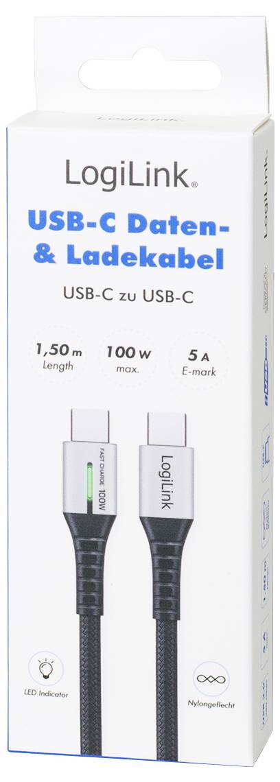 LogiLink USB-C® Kabel USB 2.0 USB-C® Stecker 1.50m Schwarz mit LED, beidseitig verwendbarer Stecker CU0423