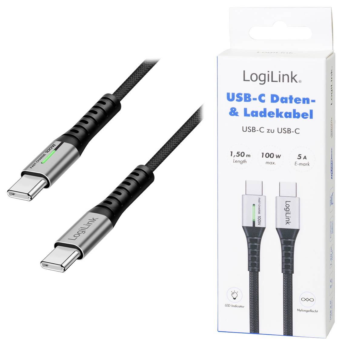 LogiLink USB-C® Kabel USB 2.0 USB-C® Stecker 1.50m Schwarz mit LED, beidseitig verwendbarer Stecker CU0423