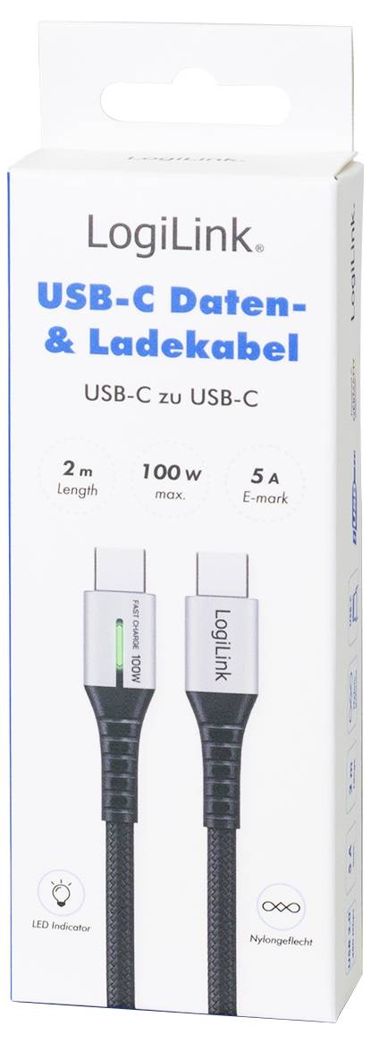 LogiLink USB-C® Kabel USB 2.0 USB-C® Stecker 2.00m Schwarz mit LED, beidseitig verwendbarer Stecker CU0424