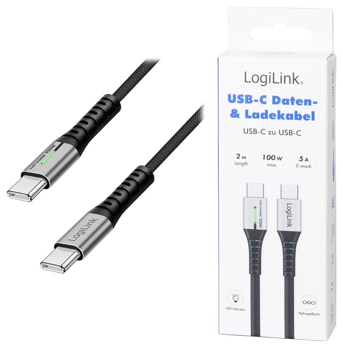 LogiLink USB-C® Kabel USB 2.0 USB-C® Stecker 2.00m Schwarz mit LED, beidseitig verwendbarer Stecker CU0424