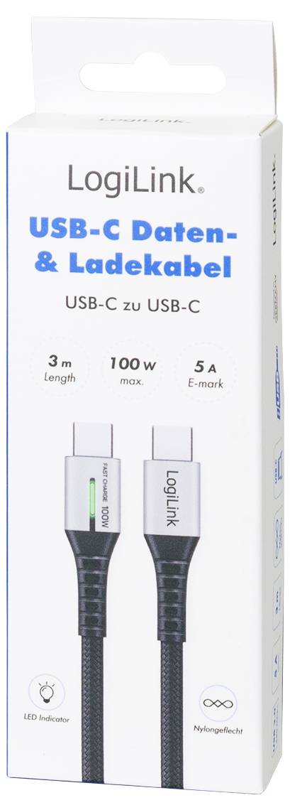 LogiLink USB-C® Kabel USB 2.0 USB-C® Stecker 3.00m Schwarz mit LED, beidseitig verwendbarer Stecker CU0425