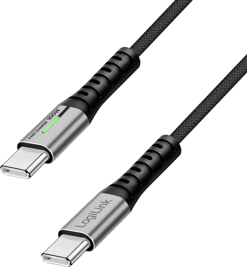 USB-C-Kabel mit schwarzem geflochtene Design, gekennzeichnet mit '100W' und 'LogiLink'. Geeignet für schnelles Laden und Datenübertragung.