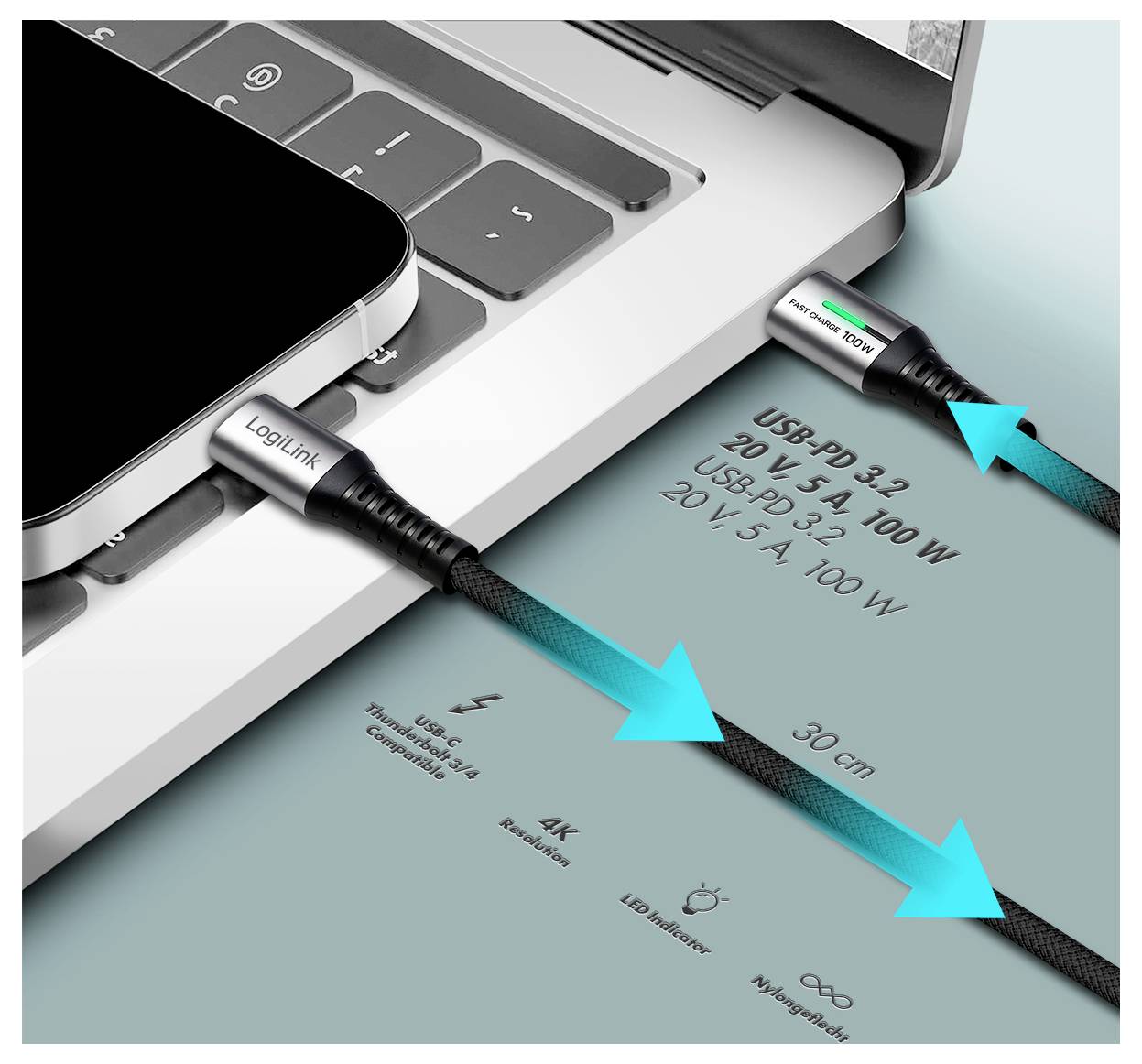 LogiLink USB-C® Kabel USB 3.2 Gen2x2 USB-C® Stecker 0.30m Schwarz mit LED, 4K UHD, beidseitig verwendbarer Stecker CU0430