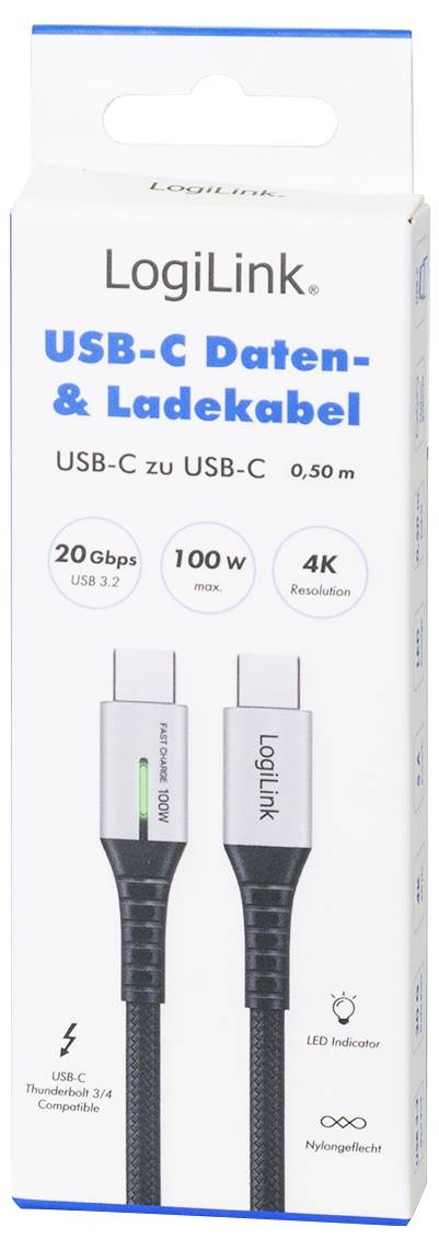 LogiLink USB-C® Kabel USB 3.2 Gen2x2 USB-C® Stecker 0.50m Schwarz mit LED, 4K UHD, beidseitig verwendbarer Stecker CU0431
