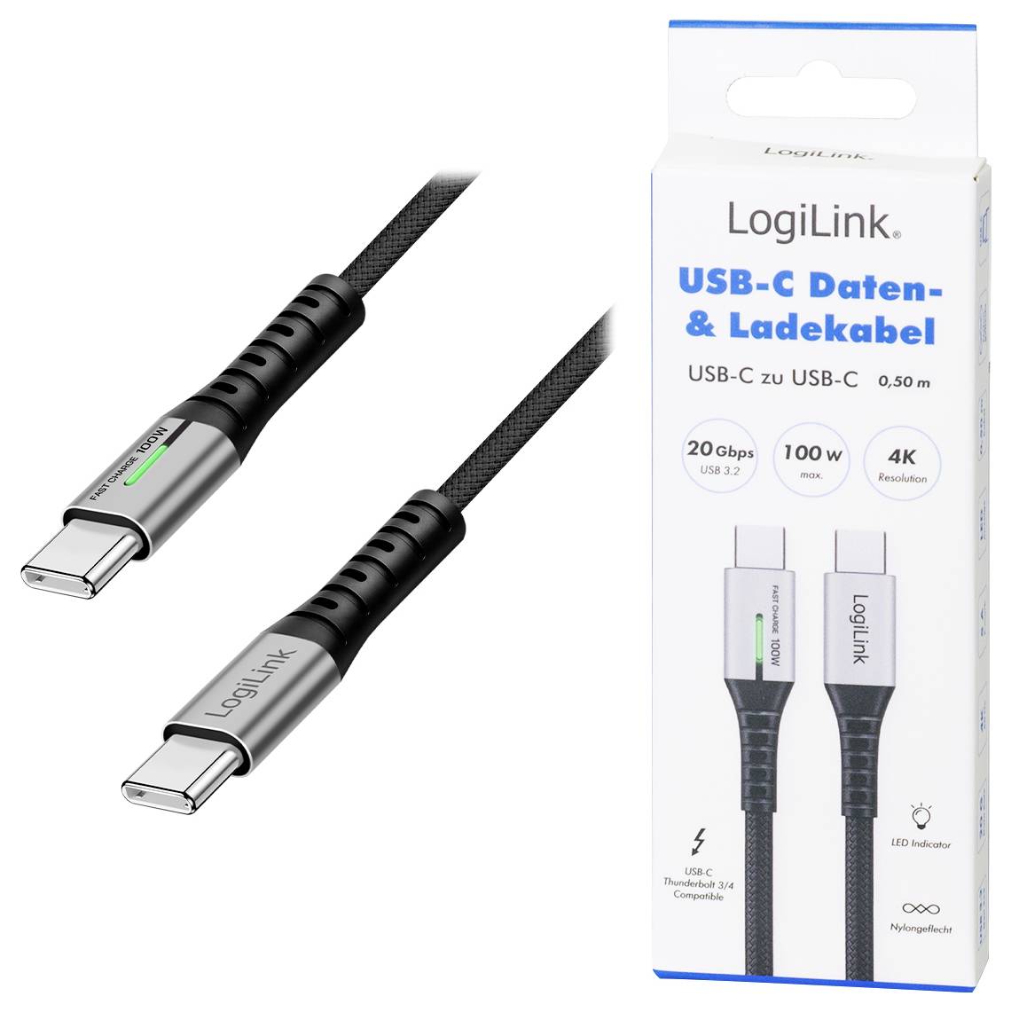 LogiLink USB-C® Kabel USB 3.2 Gen2x2 USB-C® Stecker 0.50m Schwarz mit LED, 4K UHD, beidseitig verwendbarer Stecker CU0431