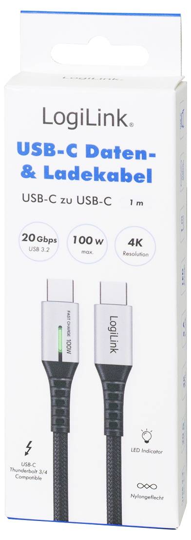 LogiLink USB-C® Kabel USB 3.2 Gen2x2 USB-C® Stecker 1.00 m Schwarz mit LED, 4K UHD, beidseitig verwendbarer Stecker CU0432