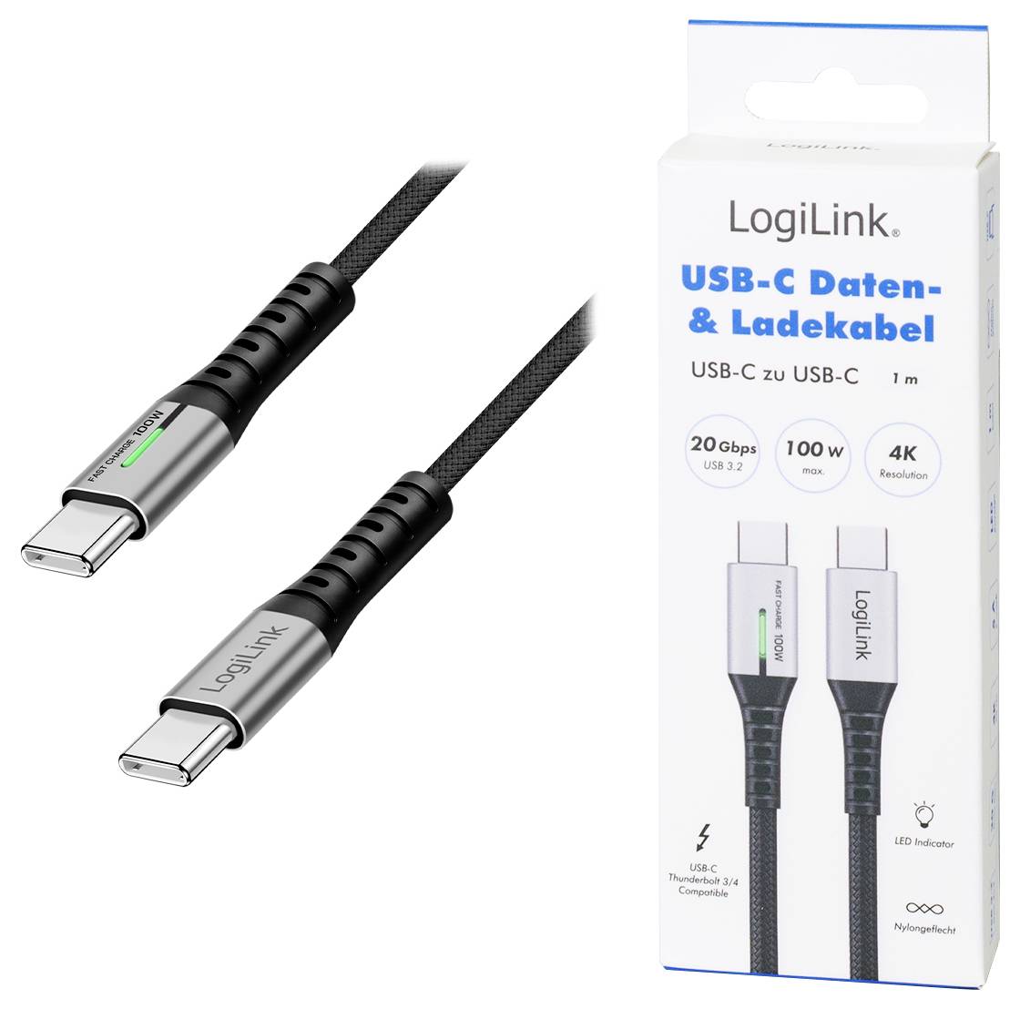 LogiLink USB-C® Kabel USB 3.2 Gen2x2 USB-C® Stecker 1.00m Schwarz mit LED, 4K UHD, beidseitig verwendbarer Stecker CU0432