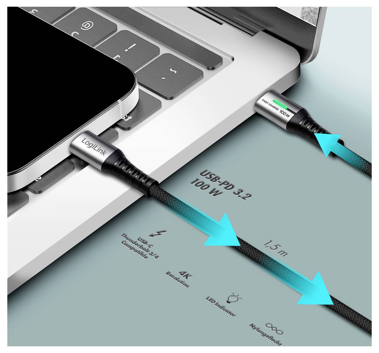 LogiLink USB-C® Kabel USB 3.2 Gen2x2 USB-C® Stecker 1.50m Schwarz mit LED, 4K UHD, beidseitig verwendbarer Stecker CU0433