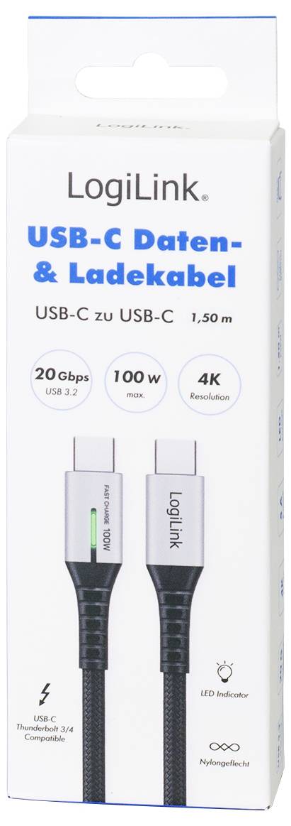 LogiLink USB-C® Kabel USB 3.2 Gen2x2 USB-C® Stecker 1.50m Schwarz mit LED, 4K UHD, beidseitig verwendbarer Stecker CU0433