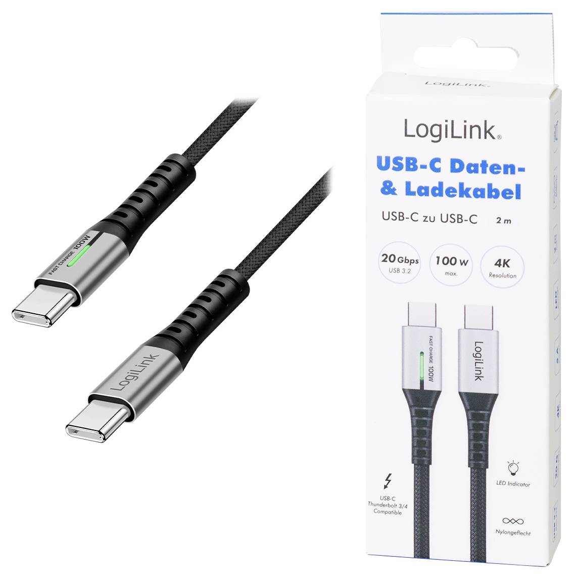 LogiLink USB-C® Kabel USB 3.2 Gen2x2 USB-C® Stecker 2.00m Schwarz mit LED, 4K UHD, beidseitig verwendbarer Stecker CU0434