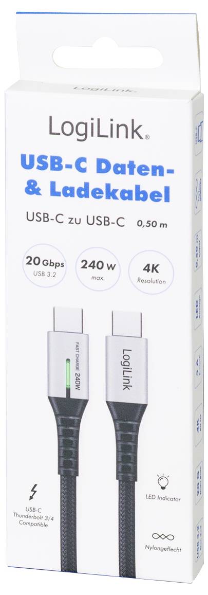 LogiLink USB-C® Kabel USB 3.2 Gen2x2 USB-C® Stecker 0.50m Schwarz mit LED, 4K UHD, beidseitig verwendbarer Stecker CU0441