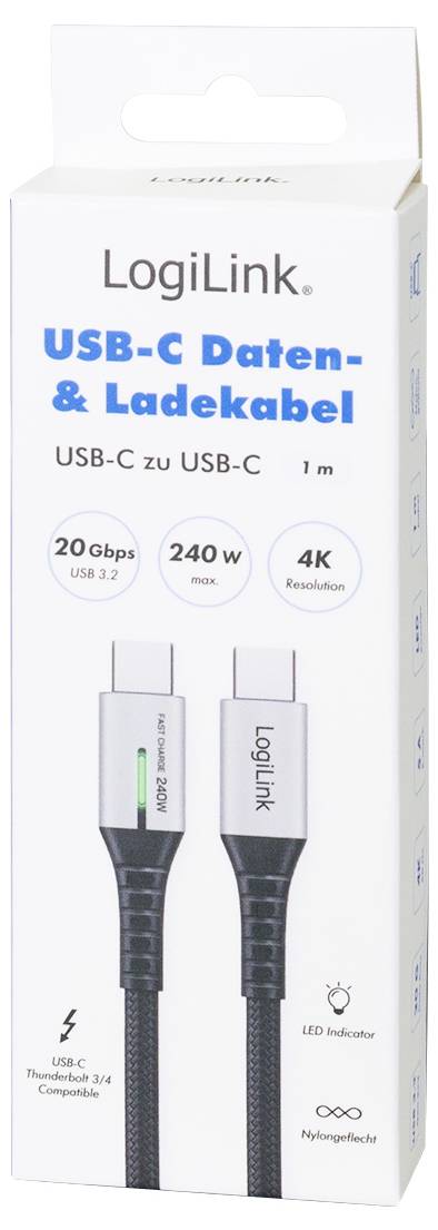 LogiLink USB-C® Kabel USB 3.2 Gen2x2 USB-C® Stecker 1.00 m Schwarz mit LED, 4K UHD, beidseitig verwendbarer Stecker CU0442