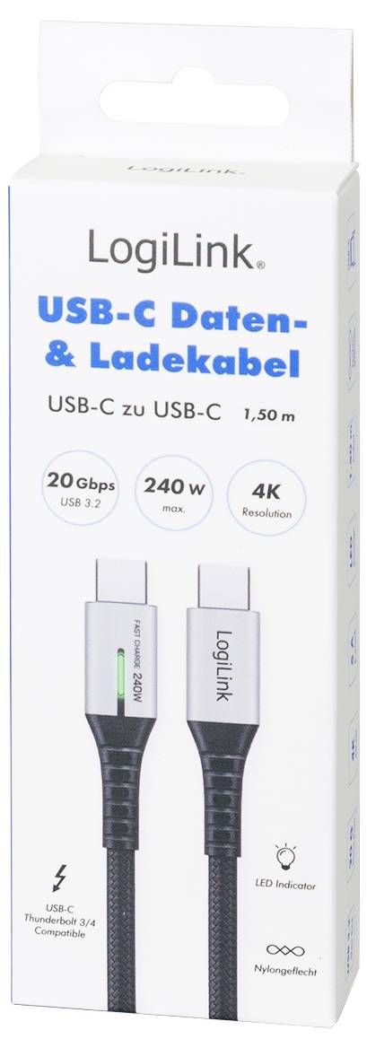 LogiLink USB-C® Kabel USB 3.2 Gen2x2 USB-C® Stecker 1.50m Schwarz mit LED, 4K UHD, beidseitig verwendbarer Stecker CU0443