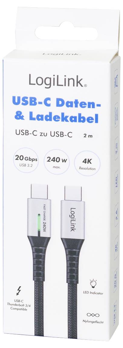 LogiLink USB-C® Kabel USB 3.2 Gen2x2 USB-C® Stecker 2.00 m Schwarz mit LED, 4K UHD, beidseitig verwendbarer Stecker CU0444