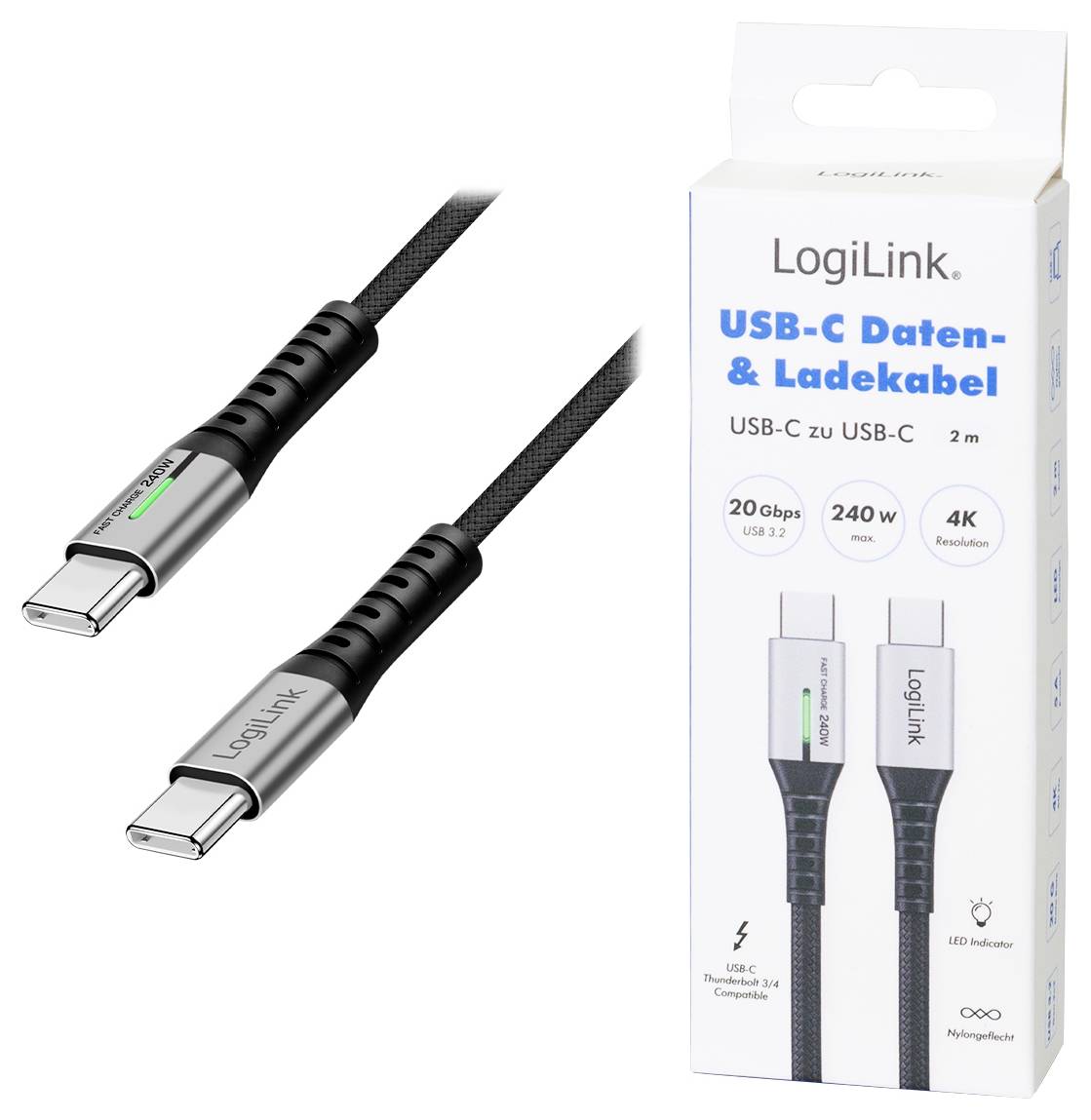 LogiLink USB-C® Kabel USB 3.2 Gen2x2 USB-C® Stecker 2.00 m Schwarz mit LED, 4K UHD, beidseitig verwendbarer Stecker CU0444