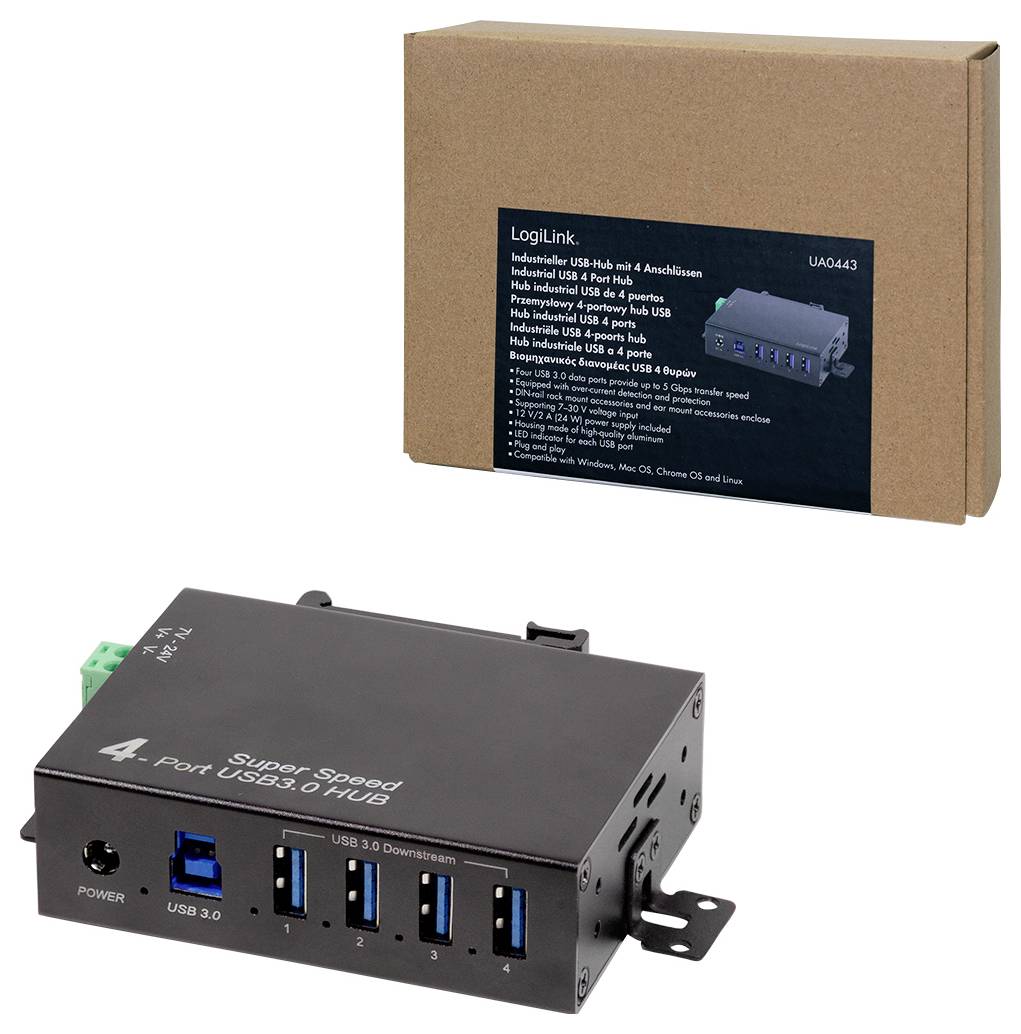 LogiLink UA0443 USB-Hub USB-A (USB 3.0) USB 3.0 5 GBit/s für industrielle Anwendungen Schwarz UA0443