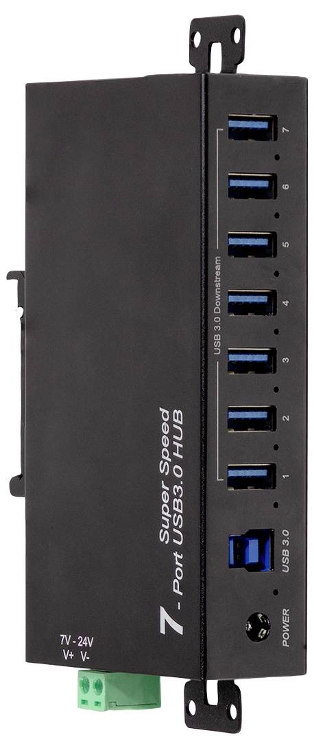LogiLink UA0444 USB-Hub 7 Port USB-A USB 3.0 5 GBit/s für industrielle Anwendungen, Metallgehäuse, zur Wandmontage Schwarz UA0444