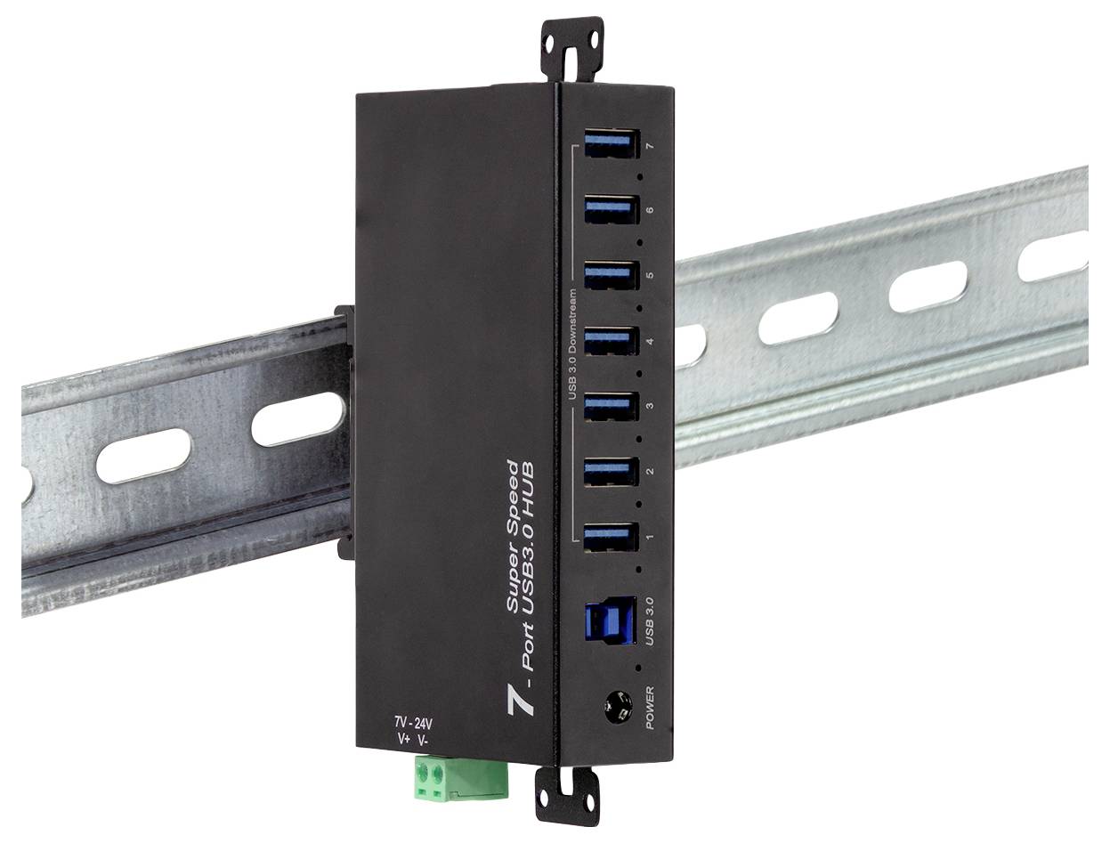 LogiLink UA0444 USB-Hub 7 Port USB-A USB 3.0 5 GBit/s für industrielle Anwendungen, Metallgehäuse, zur Wandmontage Schwarz UA0444