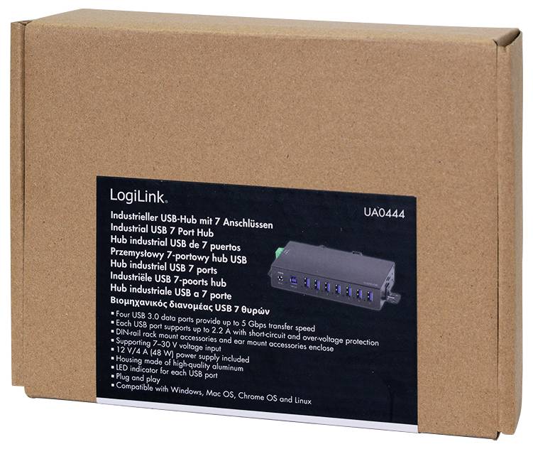 LogiLink UA0444 USB-Hub 7 Port USB-A USB 3.0 5 GBit/s für industrielle Anwendungen, Metallgehäuse, zur Wandmontage Schwarz UA0444