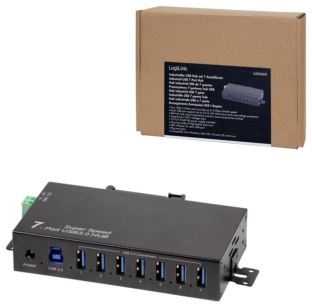 LogiLink UA0444 USB-Hub 7 Port USB-A USB 3.0 5 GBit/s für industrielle Anwendungen, Metallgehäuse, zur Wandmontage Schwarz UA0444
