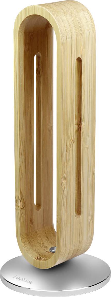 Ein Schreibtischventilator aus Holz in einem minimalistischen, ovalen Design mit vertikalen Schlitzen für die Luftzirkulation steht aufrecht auf einer metallischen, kreisförmigen Basis.