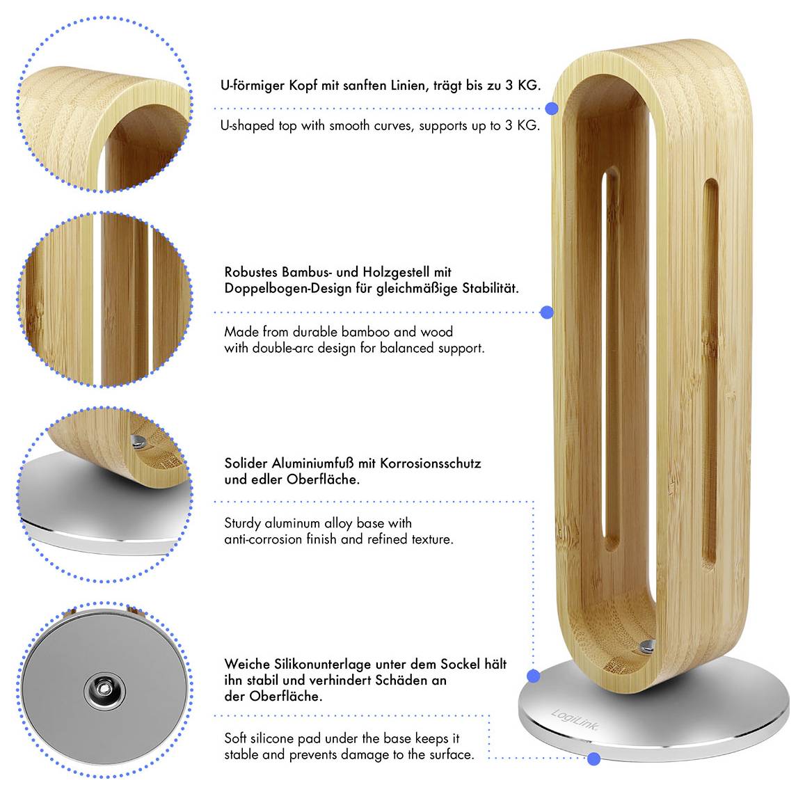 LogiLink AA0194 Kopfhörerständer Hellbraun, Silber