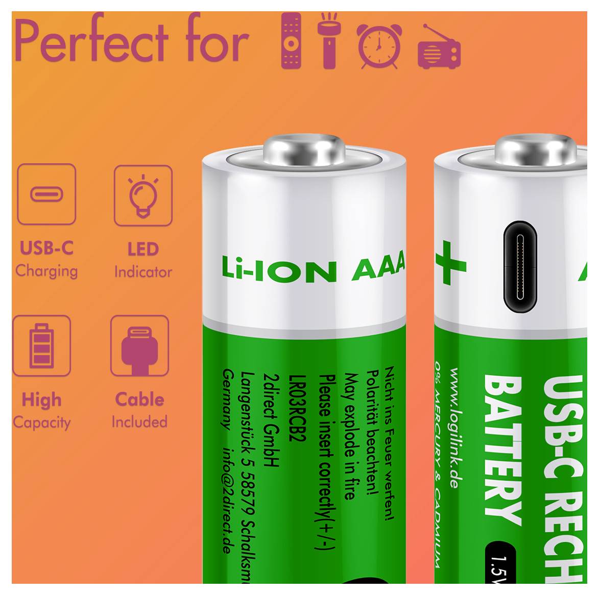 Two green USB-C rechargeable Li-Ion AAA batteries on an orange background with icons indicating high capacity, cable included, and LED indicator.