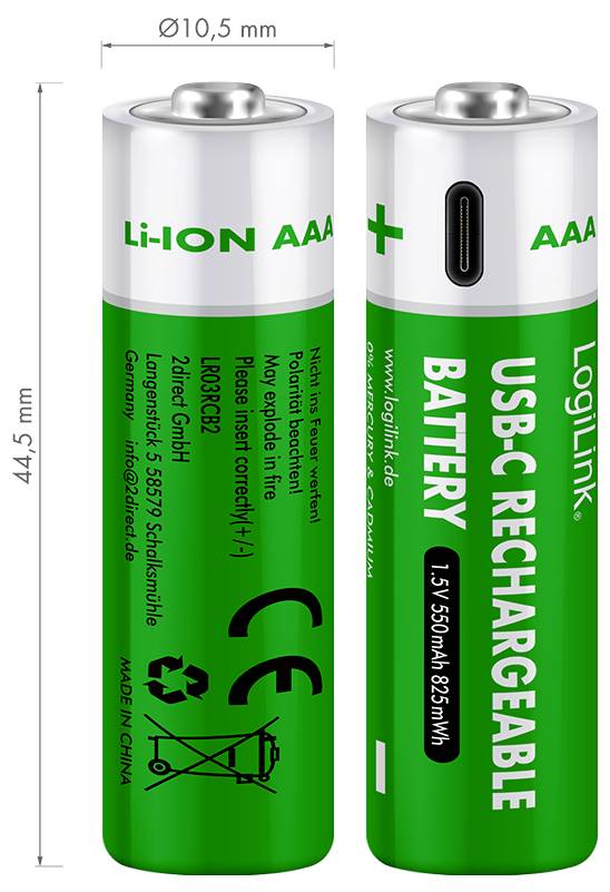 Image of two green and silver AAA USB-C rechargeable batteries side by side, showing branding, specifications, and warnings in small text.