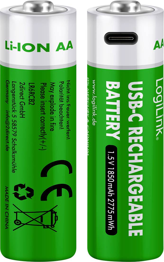 Two green AA batteries, one showing USB-C port for charging. Text on battery: 'Li-ION AA', 'USB-C Rechargeable Battery', '1.5V 1850mAh 2775mWh'.