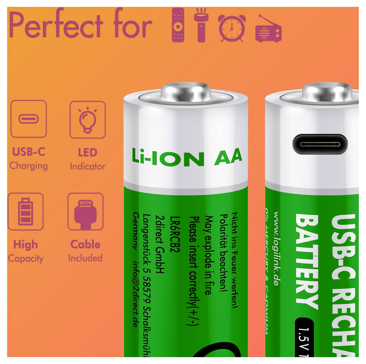 Two USB-C rechargeable batteries stand upright against an orange backdrop. Text highlights features: 'High Capacity', 'LED Indicator', 'Cable Included'.