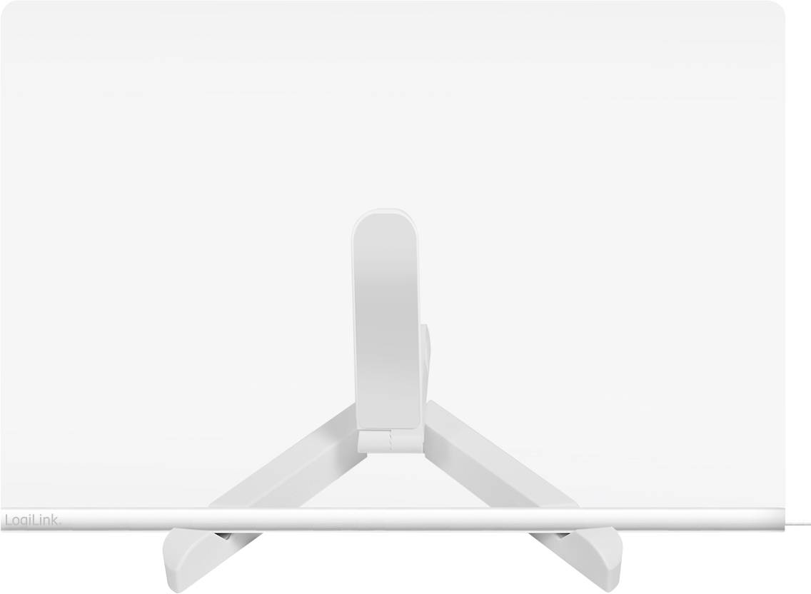 Ein weißer verstellbarer Ständer wird gezeigt, der dazu dient, ein kleines Gerät aufrecht zu halten. Der Ständer hat ein minimalistisches, elegantes Design, das sich für die Verwendung im Büro eignet.