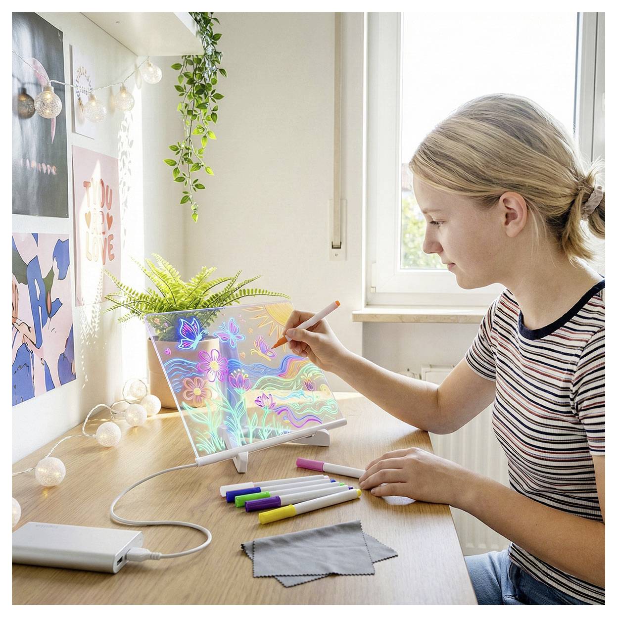 A person sits at a desk using colored markers on a digital drawing pad, surrounded by plants and artwork on the wall.