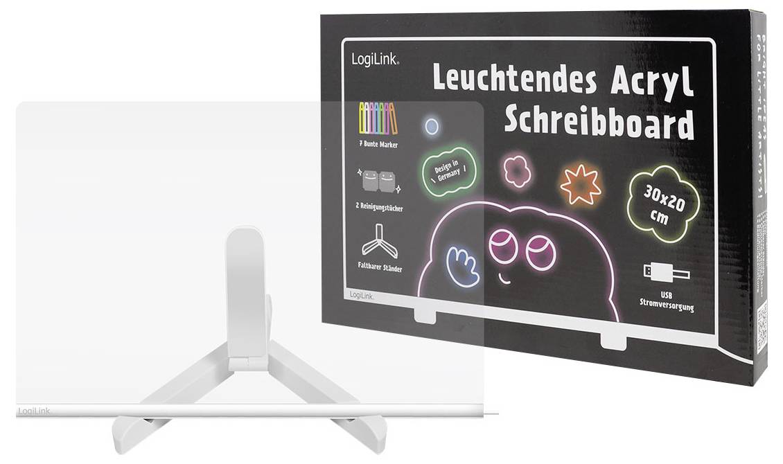 'LogiLink Leuchtendes Acryl Schreibboard': A luminous acrylic writing board with neon markers and USB power. Box shows illustrative drawings.