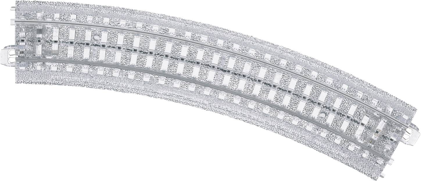 Ein gekrümmter Abschnitt silberner Eisenbahngleise.