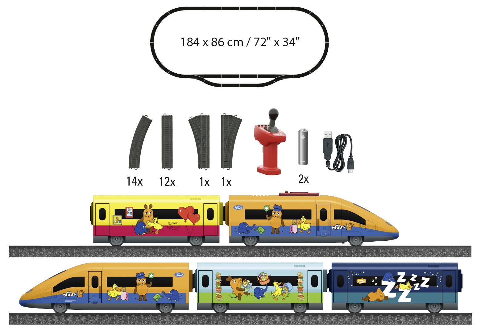 Spielzeugeisenbahnset beinhaltet Gleise, Züge mit Tierdesigns und Fernbedienung. Gleisgrößen: 184 x 86 cm.