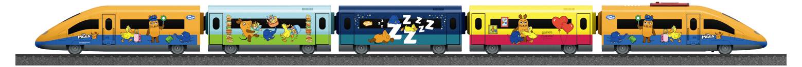 Bunter Zug mit Cartoon-Figuren auf jedem Waggon bemalt, der auf Gleisen vor weißem Hintergrund steht.