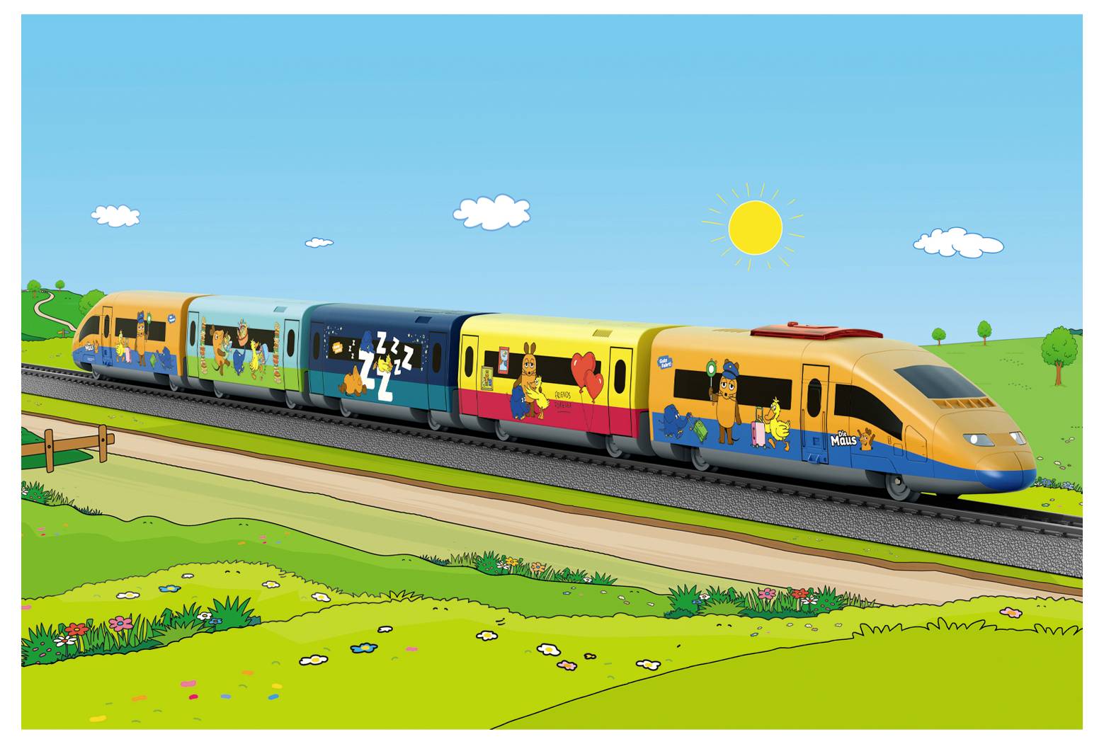 Ein hellbunt gefärbter Cartoon-Zug mit Tierfiguren an einem sonnigen Tag, der durch eine grüne Landschaft mit Hügeln und Blumen fährt.