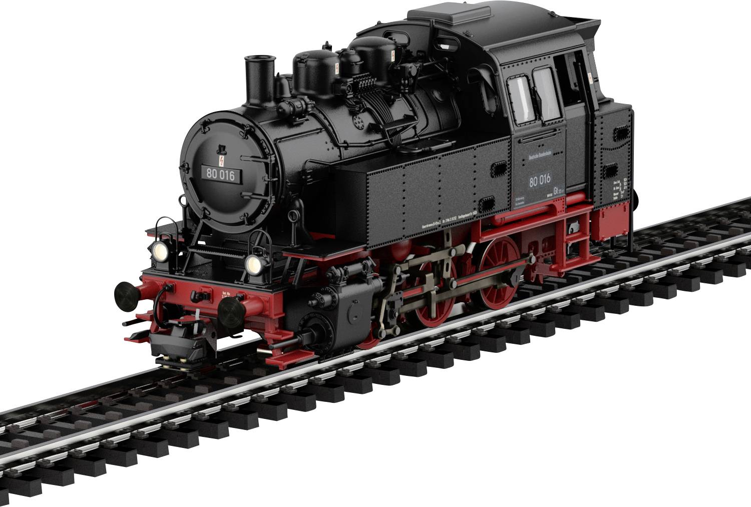Ein Modell einer Vintage-Dampflokomotive auf einer kurzen Glesstrecke, das komplexe Details und ein klassisches Schwarz-Rot-Design zeigt.