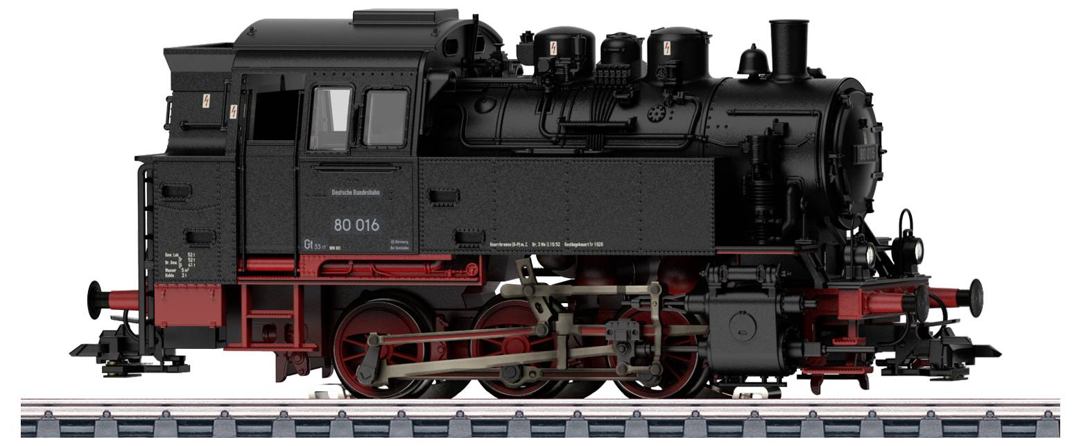 Ein detailliertes Modell einer schwarzen Dampflokomotive mit roten Rädern auf einem Gleis, das aufwendige mechanische Komponenten und Design präsentiert.