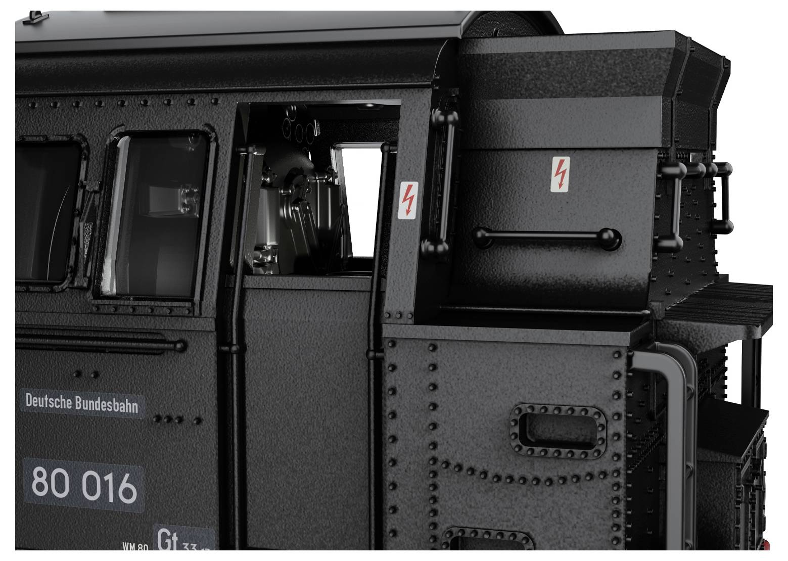 Seitenansicht einer schwarzen Lokomotivführerkabine mit der Aufschrift „Deutsche Bundesbahn