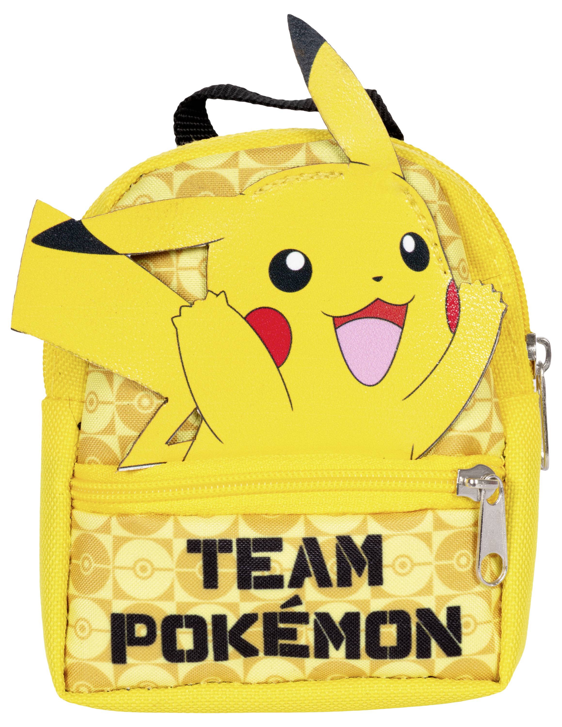 Ein kleiner gelber Rucksack mit einem Pikachu-Design und dem Text „Team Pokémon