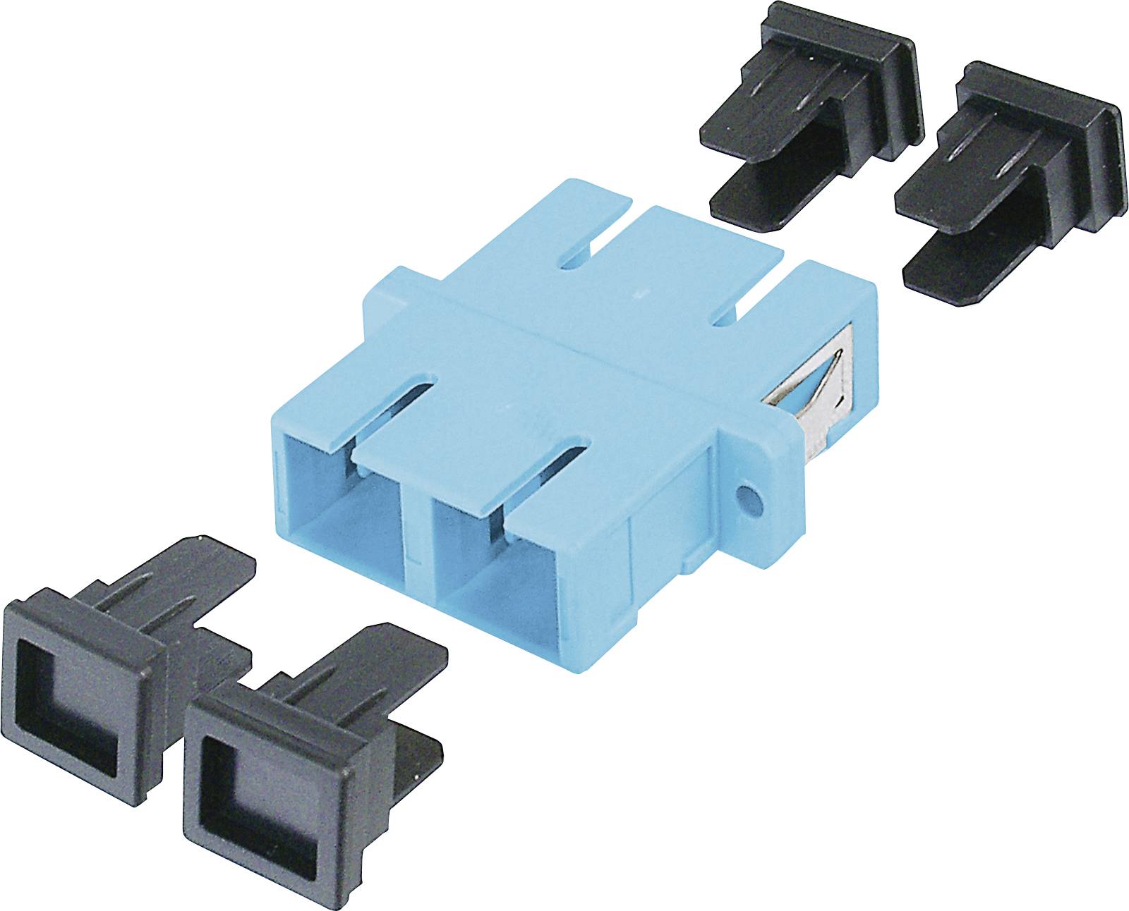 Ein blauer Lichtwellenleiter-Adapter mit vier schwarzen Schutzstopfen, die um ihn herum angeordnet sind, wird zum Verbinden von Faserkabeln verwendet.