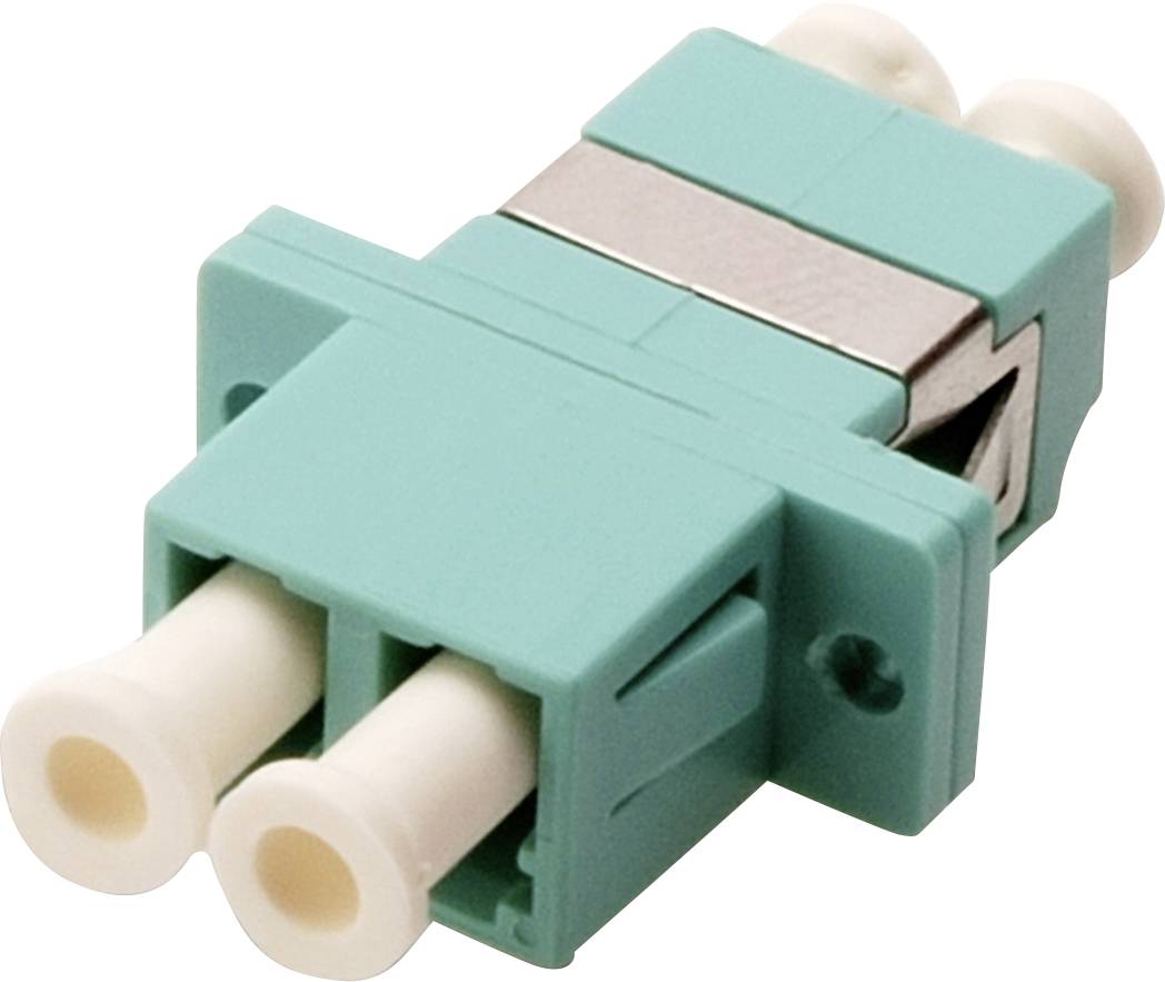 Aqua- und weiße Faseroptik-Adapter mit zwei Anschlüssen, häufig verwendet für Netzwerk- und Telekommunikationsverbindungen.