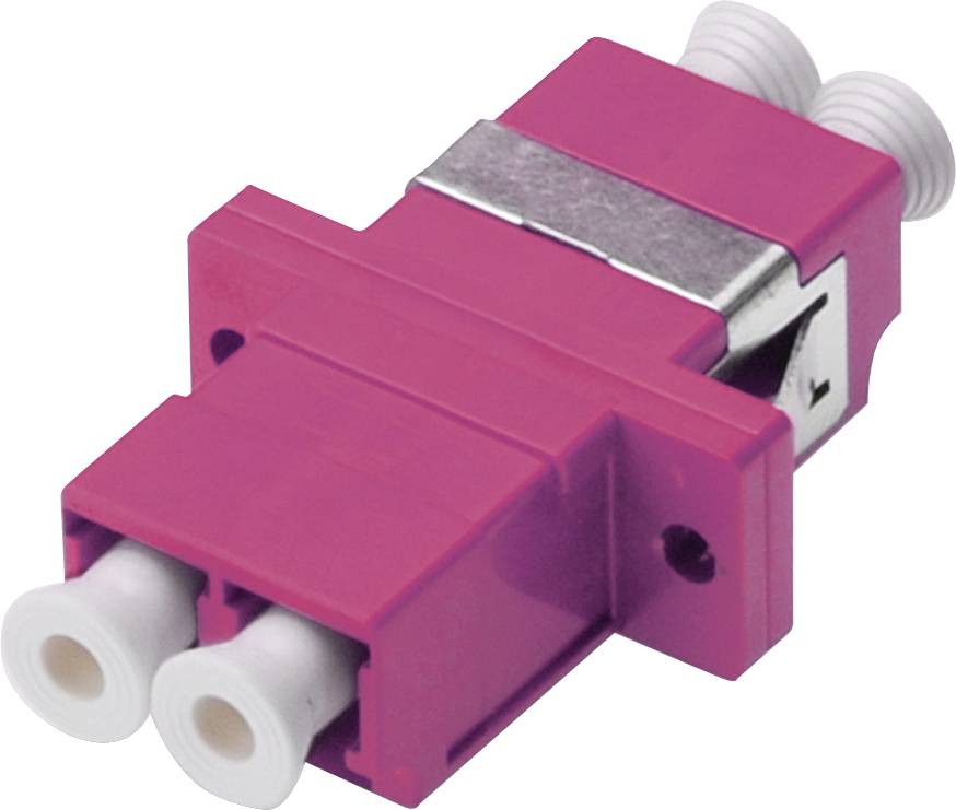 Ein rosa Faseroptik-Adapter mit zwei weißen Anschlussports, verwendet zum Verbinden zweier Faseroptik-Kabel in Netzwerk-Setups.