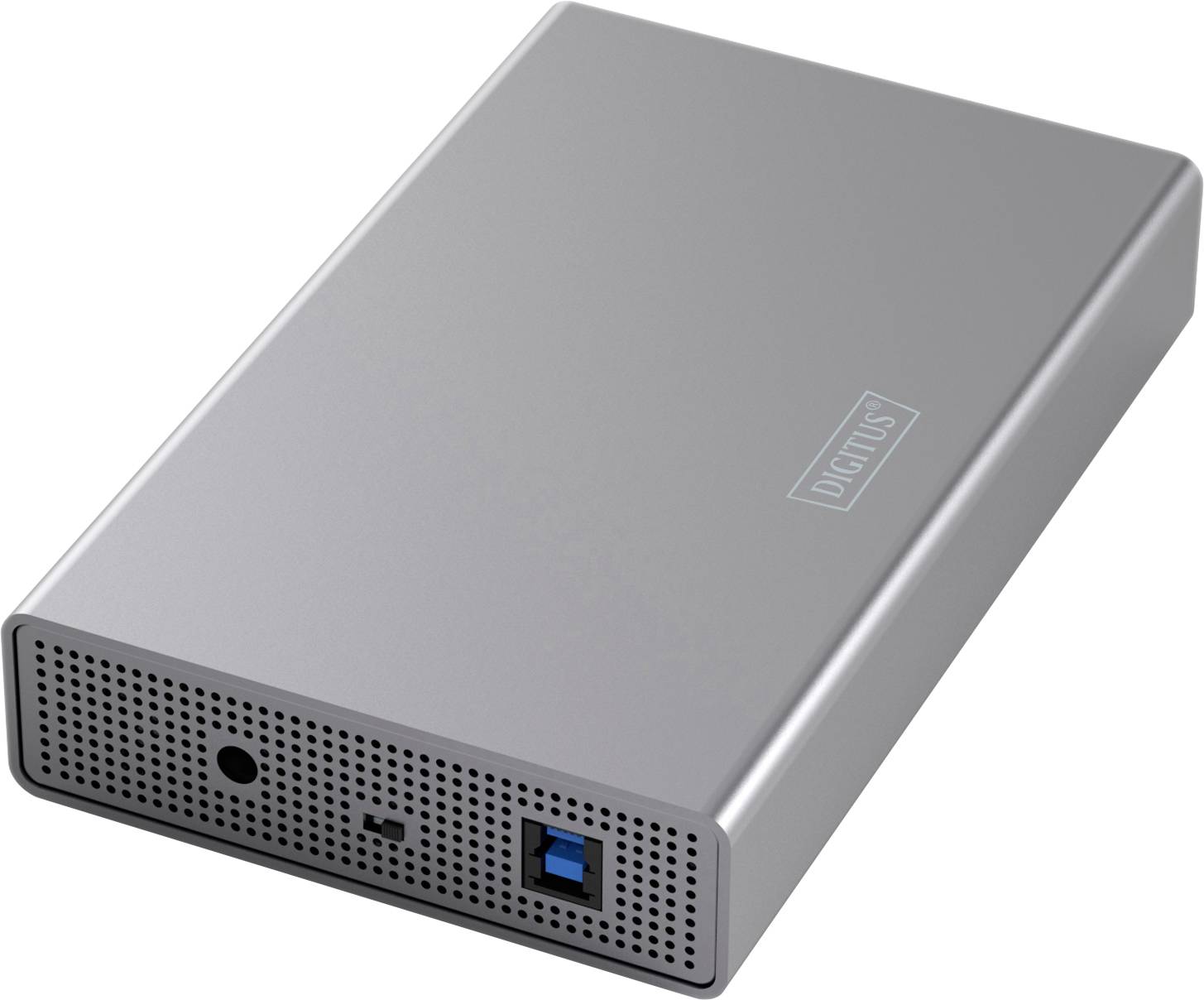 Ein silbernes externes Festplattengehäuse mit Logo, das verschiedene Schnittstellenanschlüsse an der Seite aufweist.